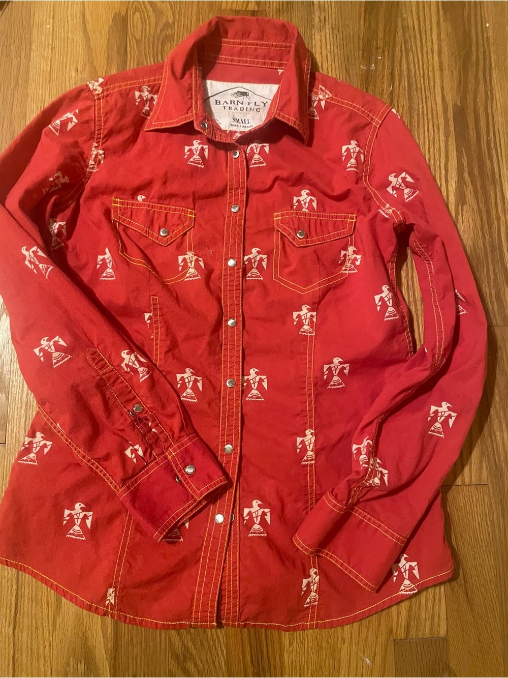 Barnfly Trading Red Western Snap Shirt with White image Print
